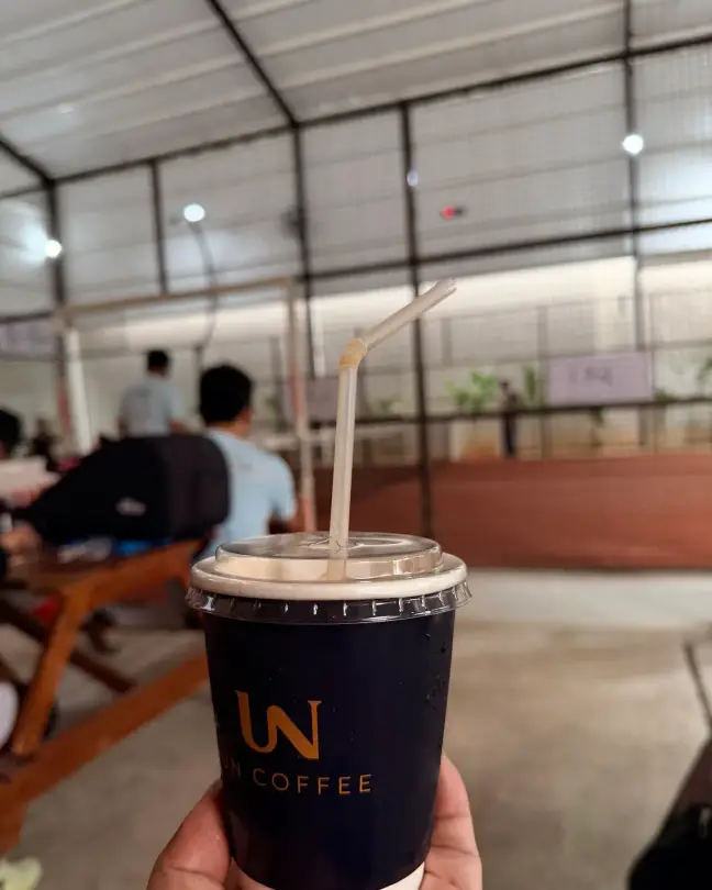 An iced coffee in the chill area
